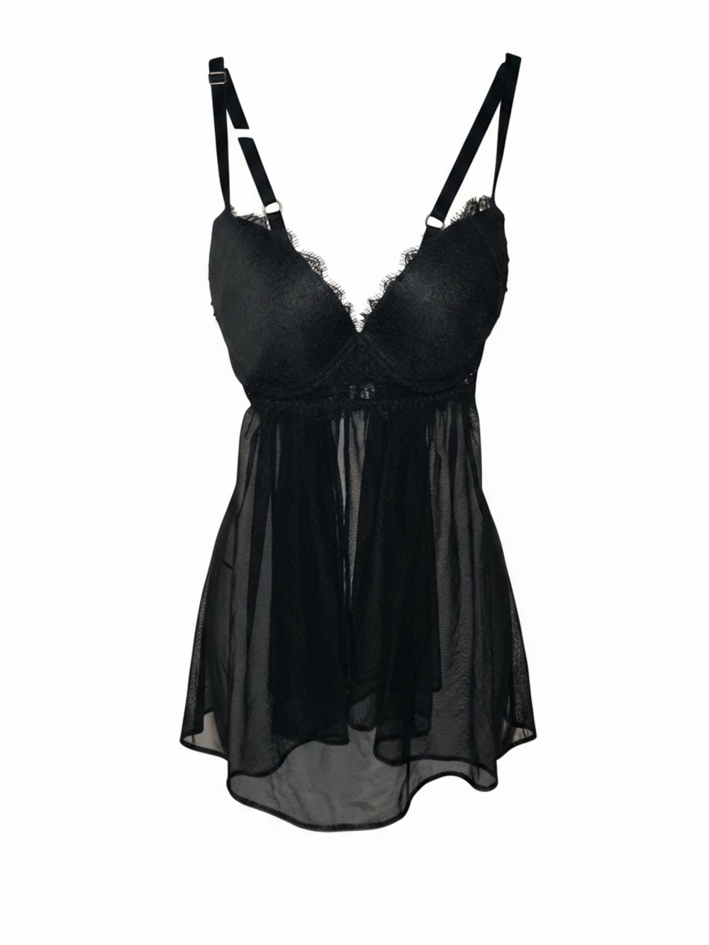 Victoria’s Secret Black Lace & Mesh Babydoll Chemise with Matching Unworn Thong